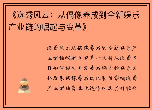《选秀风云：从偶像养成到全新娱乐产业链的崛起与变革》